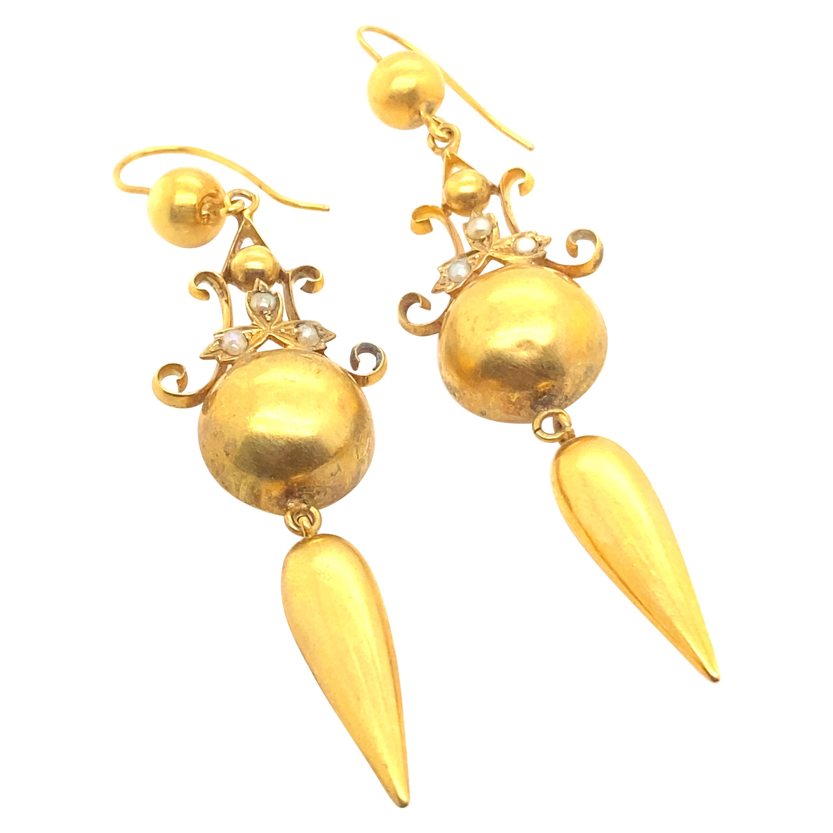 Viktorianische Saatperlen-Tropfen-Ohrringe aus 18 Karat Gelbgold