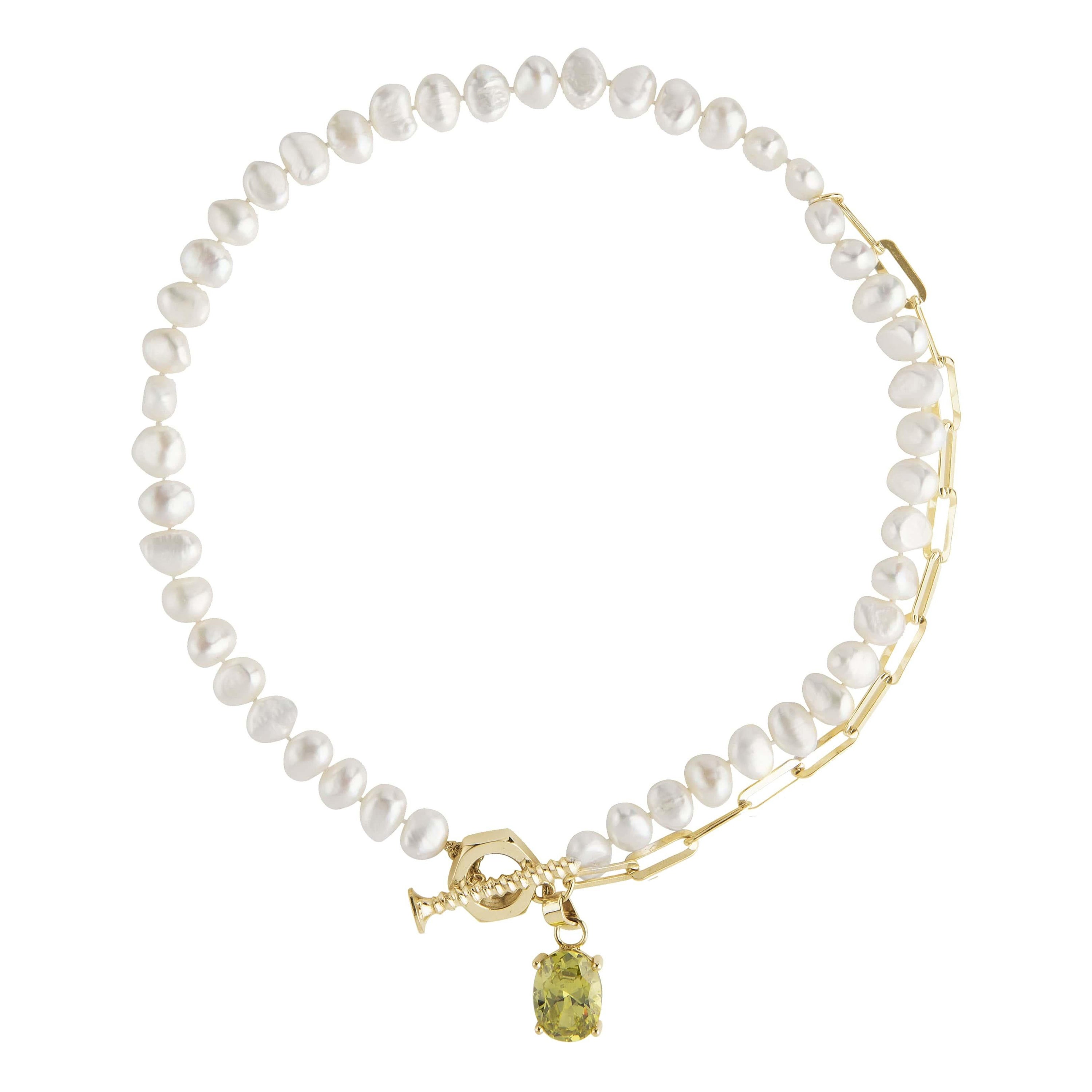 Pearl Necklace with Gold Plated Silver Chain and Big Peridot Zirconia Stone For Sale