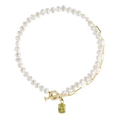 Pearl Necklace with Gold Plated Silver Chain and Big Peridot Zirconia Stone