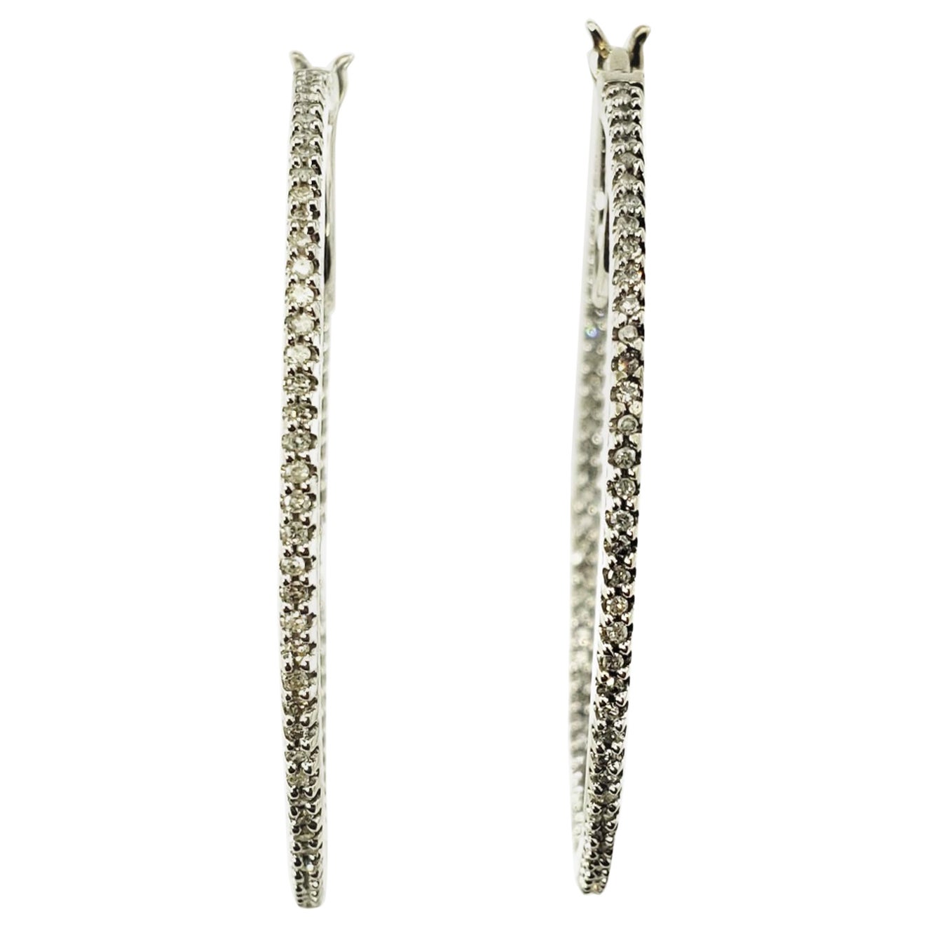 10 Karat White Gold Diamond Hoop Earrings For Sale