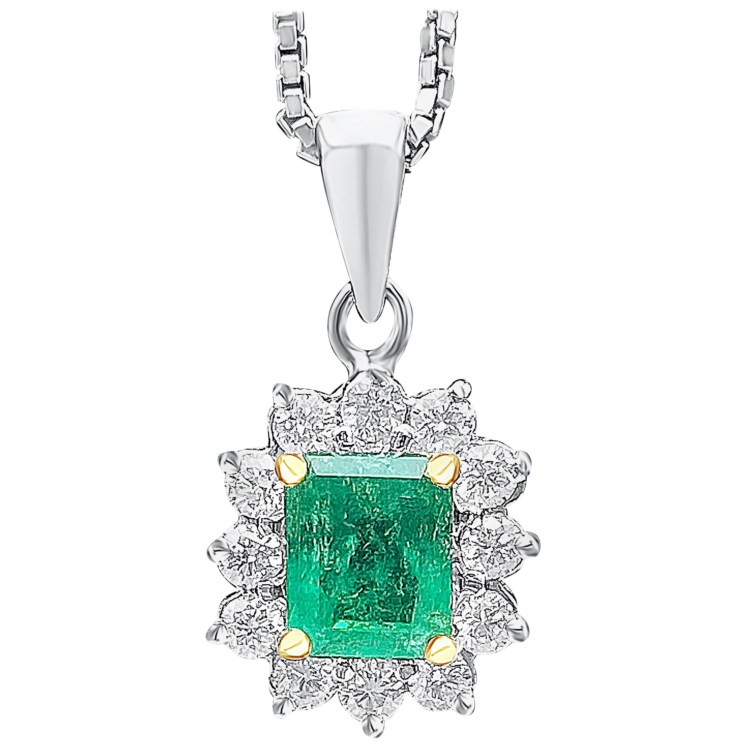 Emerald-Cut Colombian Emerald and Diamond 18 Karat White Gold Pendant For Sale