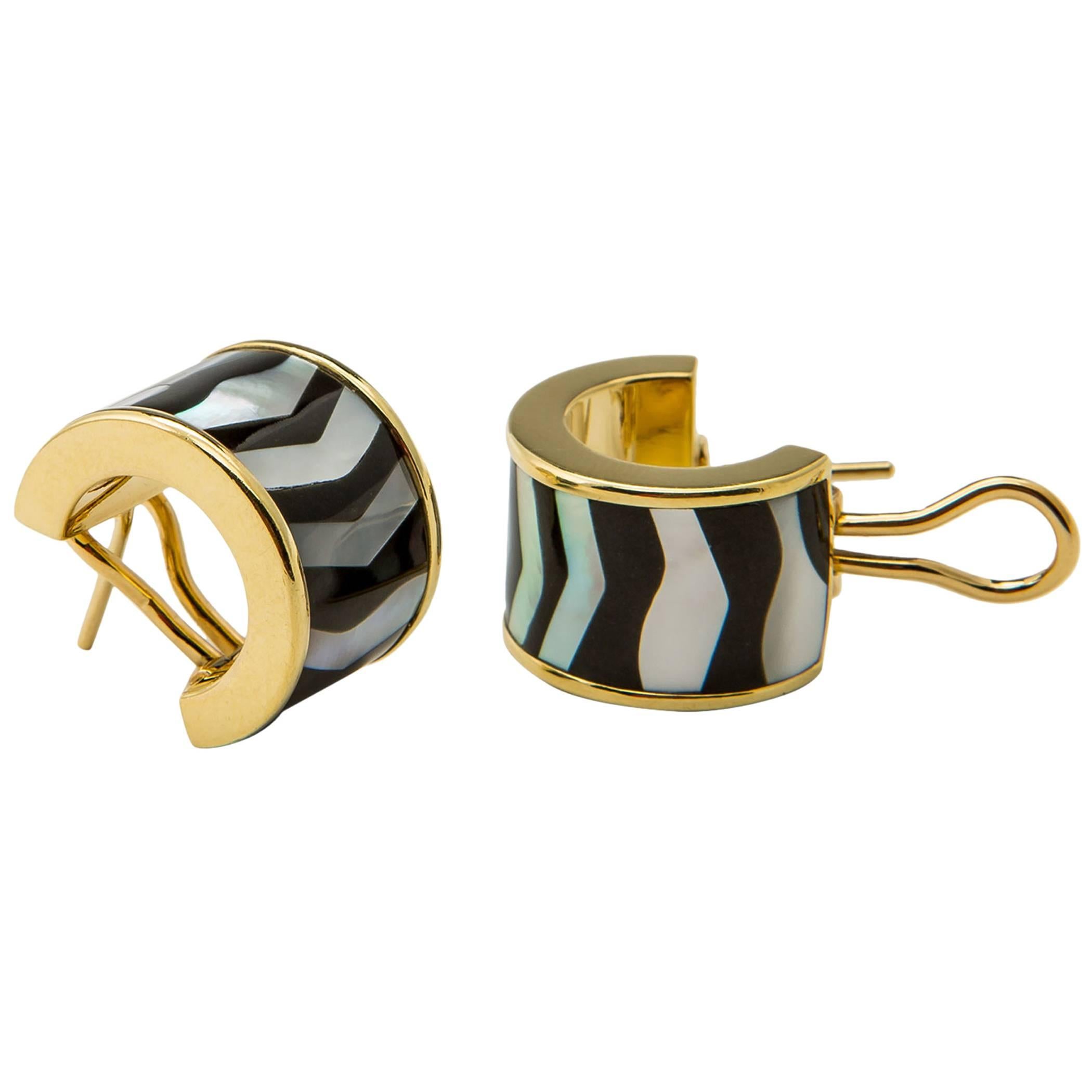 Tiffany & Co. Onyx Mother of Pearl Gold Hoop Earrings