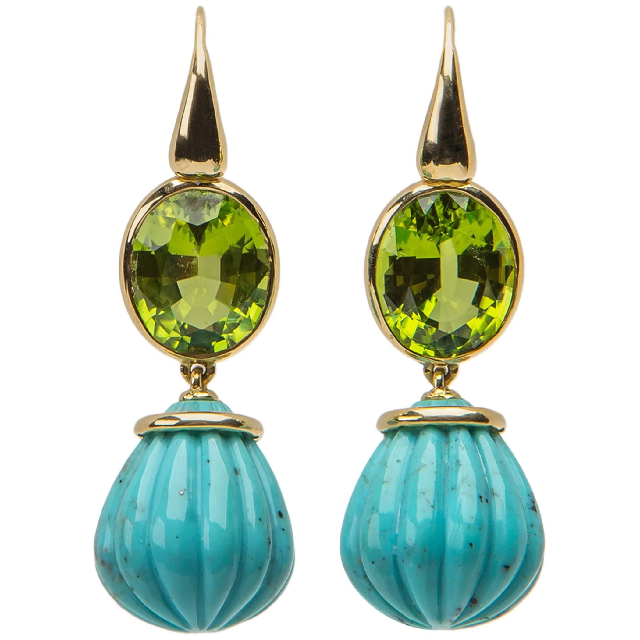 David Precious Gems Peridot Turquoise Gold Drop Earrings