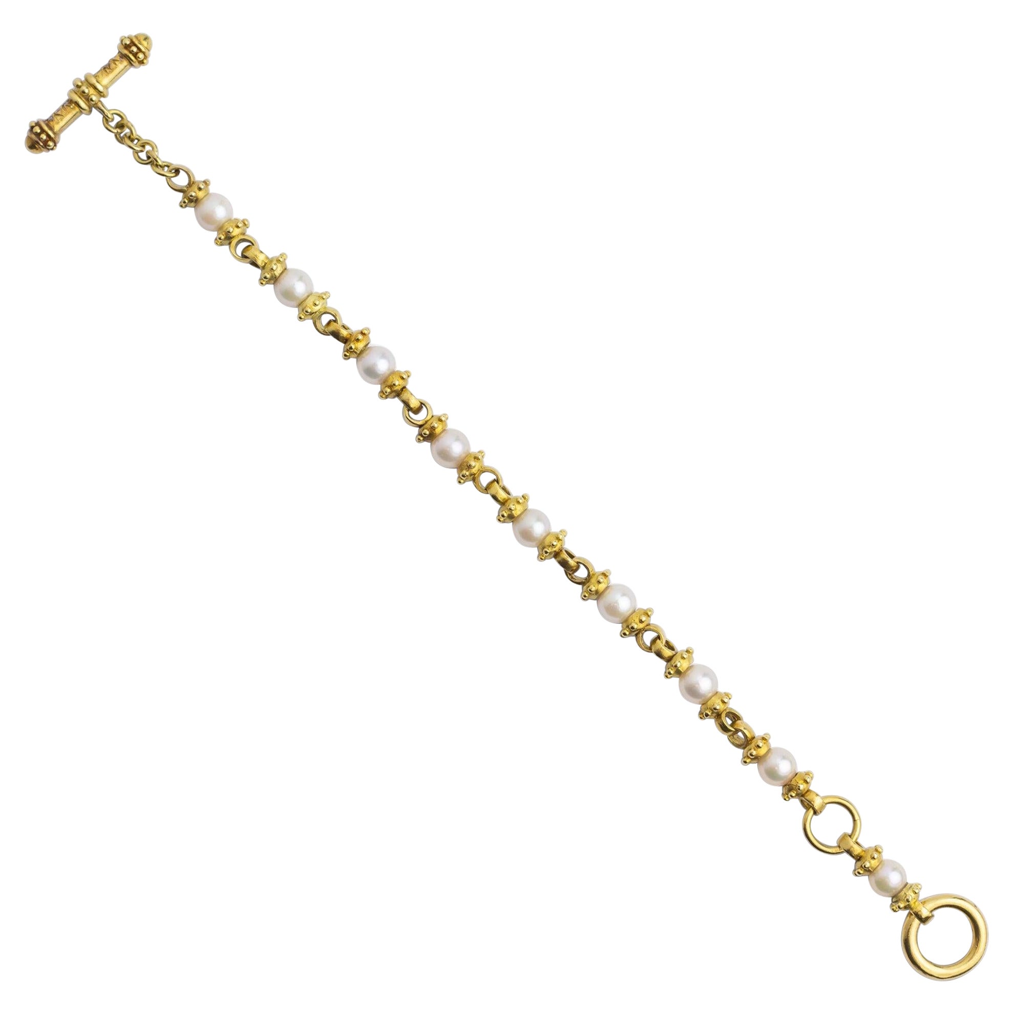 Unusual 18 Karat Yellow Gold, Diamond & Pearl Bracelet