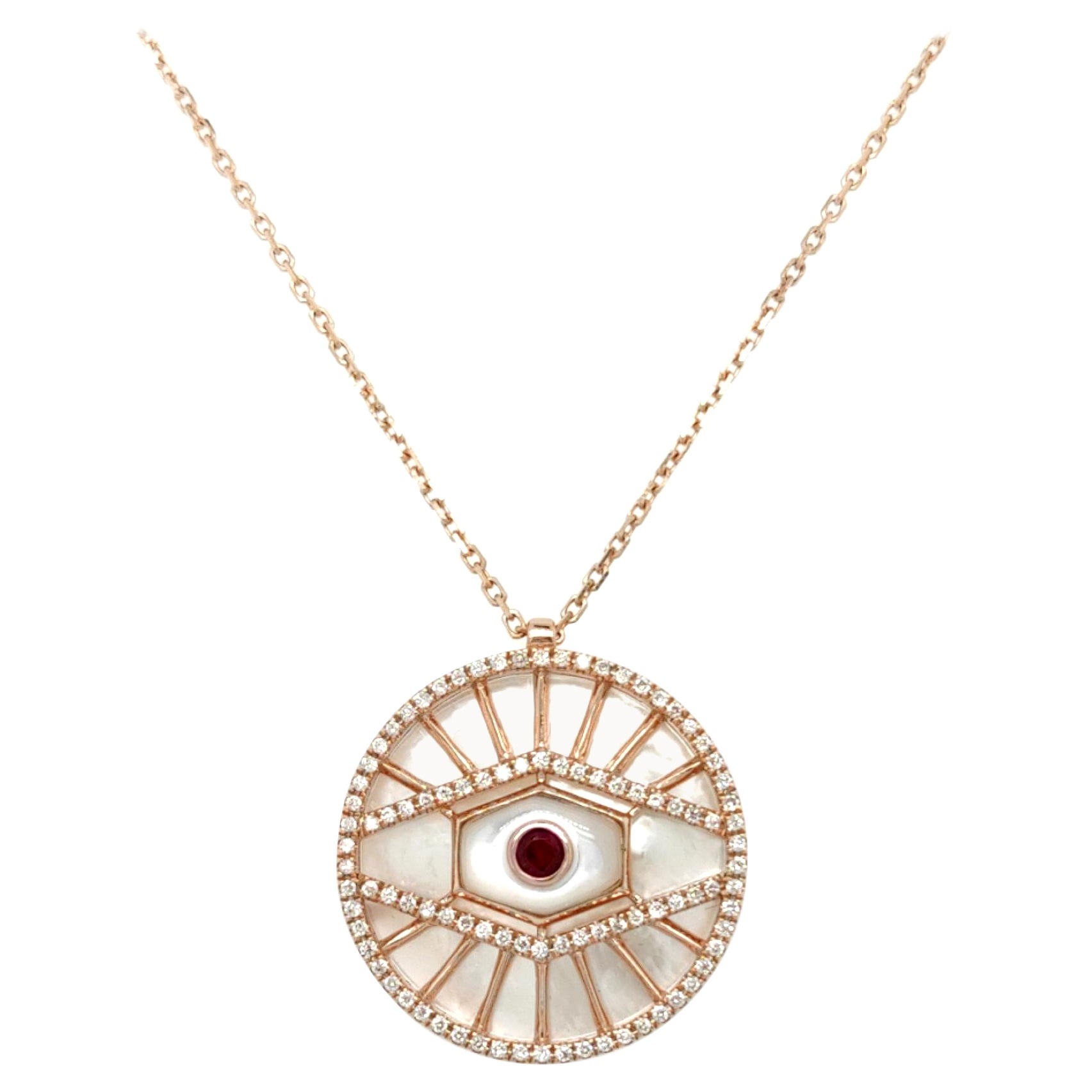 Collier en or rose 18K avec pendentif diamant œil maléfique, couche de coquillage et rubis