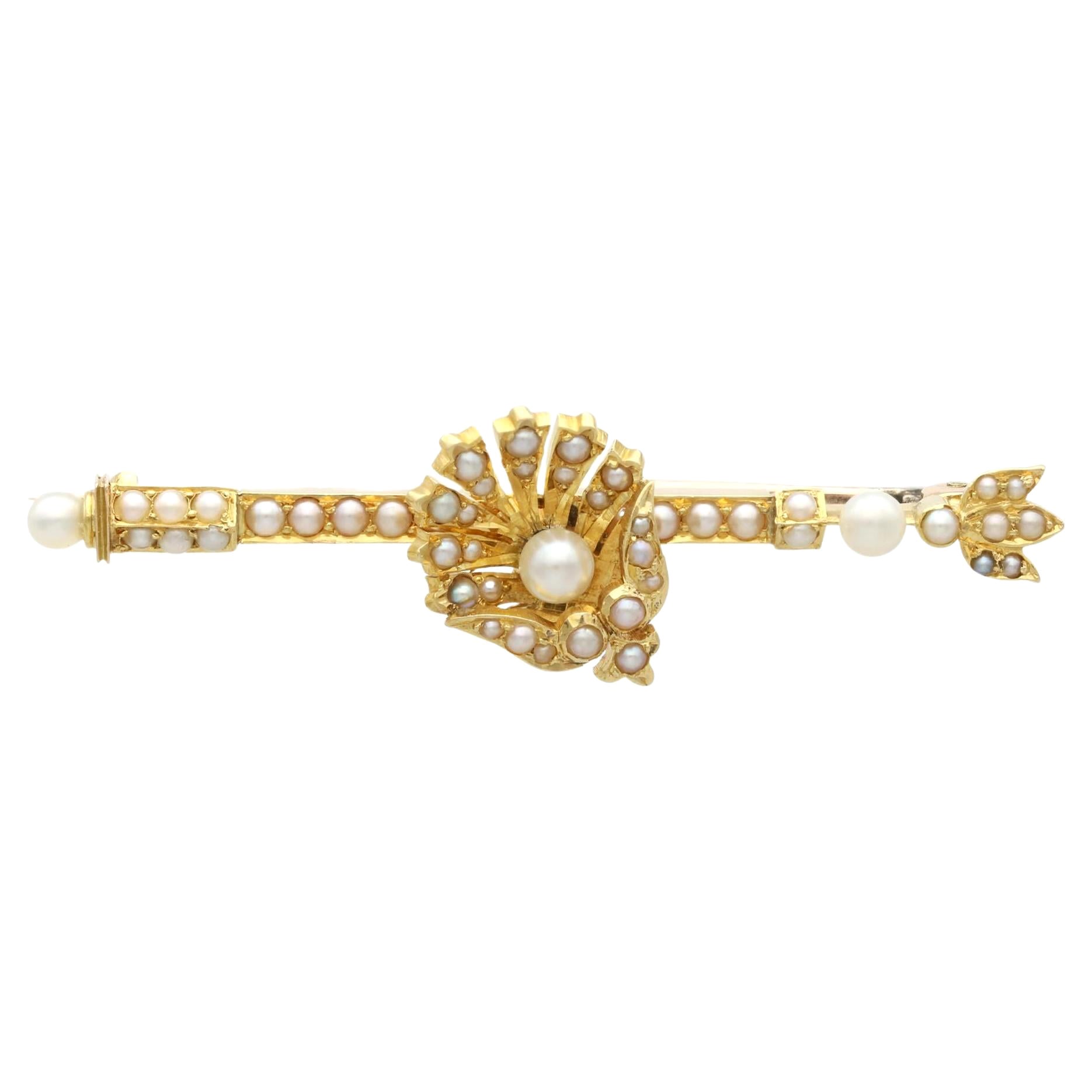 Antique Seed Pearl and Yellow Gold Bar Brooch - circa 1890 For Sale