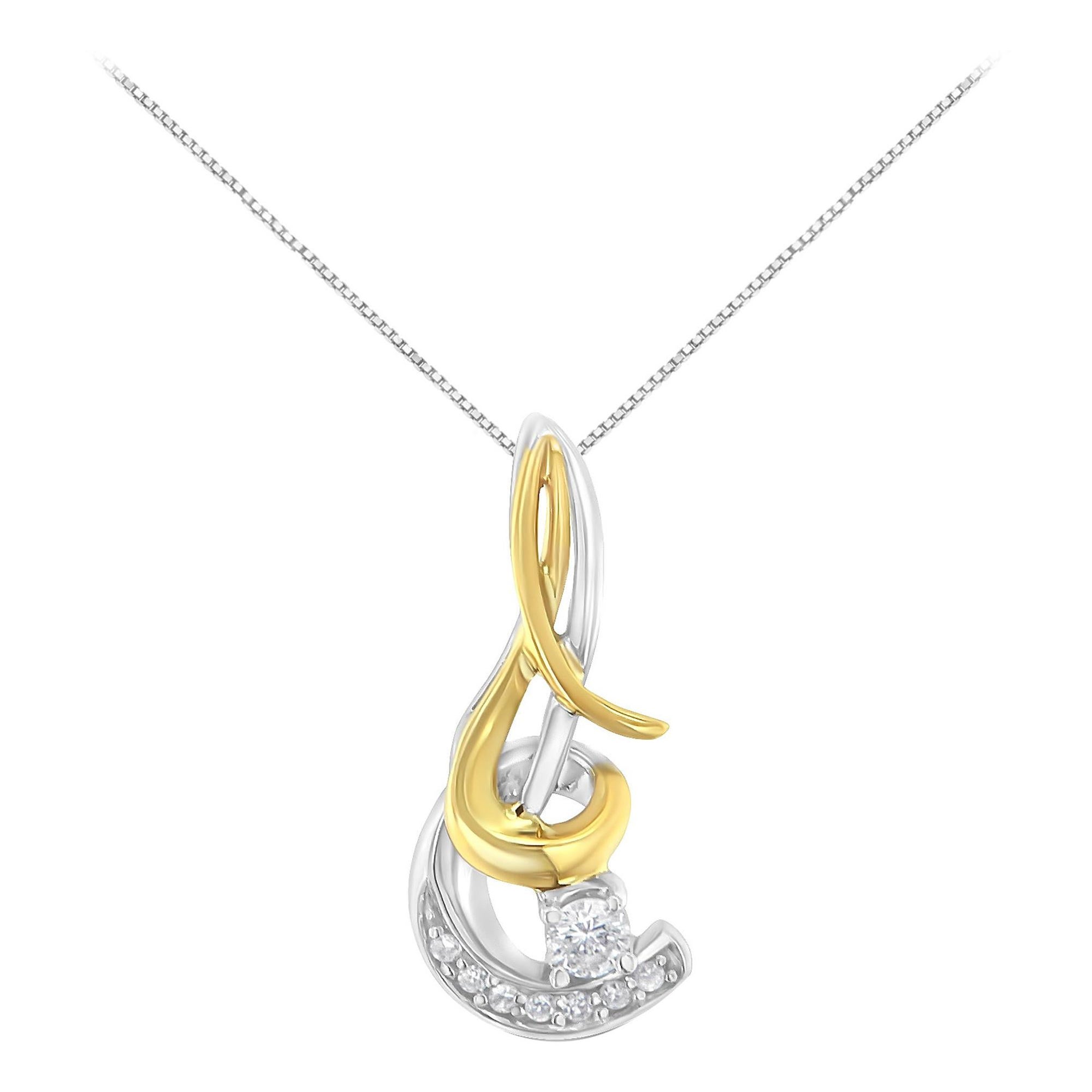 10K Two-Tone Gold 1/10 Carat Round Brilliant-Cut Diamond Spiral Pendant Necklace For Sale