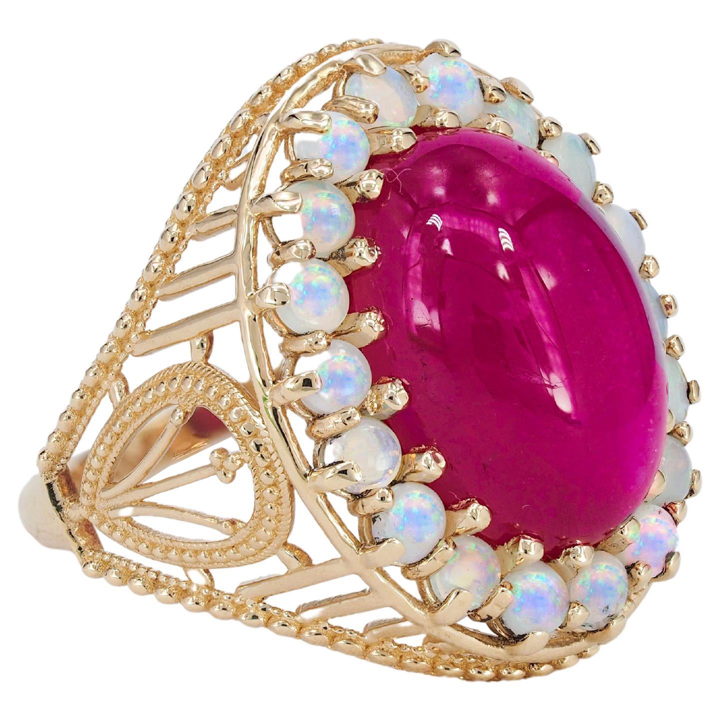 For Sale:  14k Massive Gold Ring with Cabochon Ruby and Opals, Vintage Inspired Ring