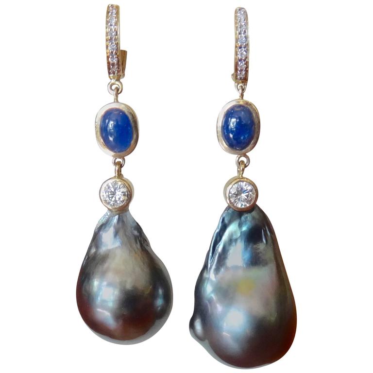 Baroque Tahitian Pearl Sapphire Diamond Gold Dangle Earrings at 1stDibs