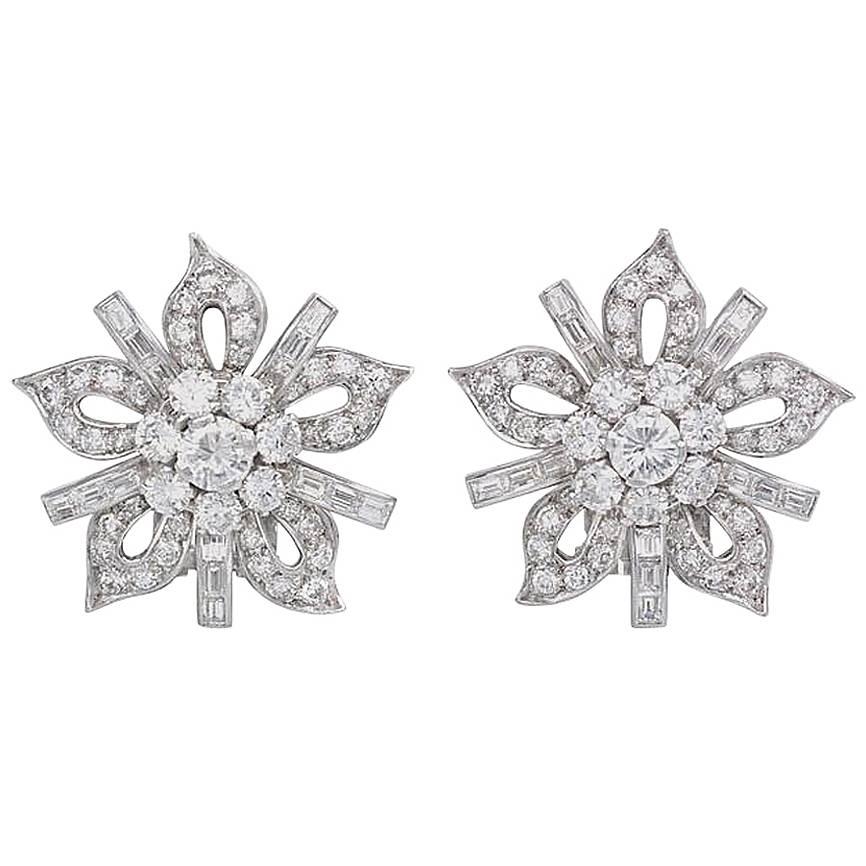 Diamond and Platinum 1950s Stylized Flower Clip Earrings