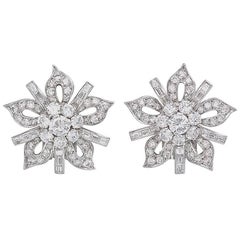 Diamond and Platinum 1950s Stylized Flower Clip Earrings