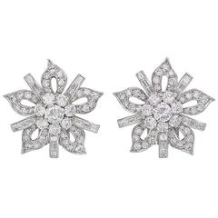 1950s Diamond Platinum Stylized Flower Earrings 3