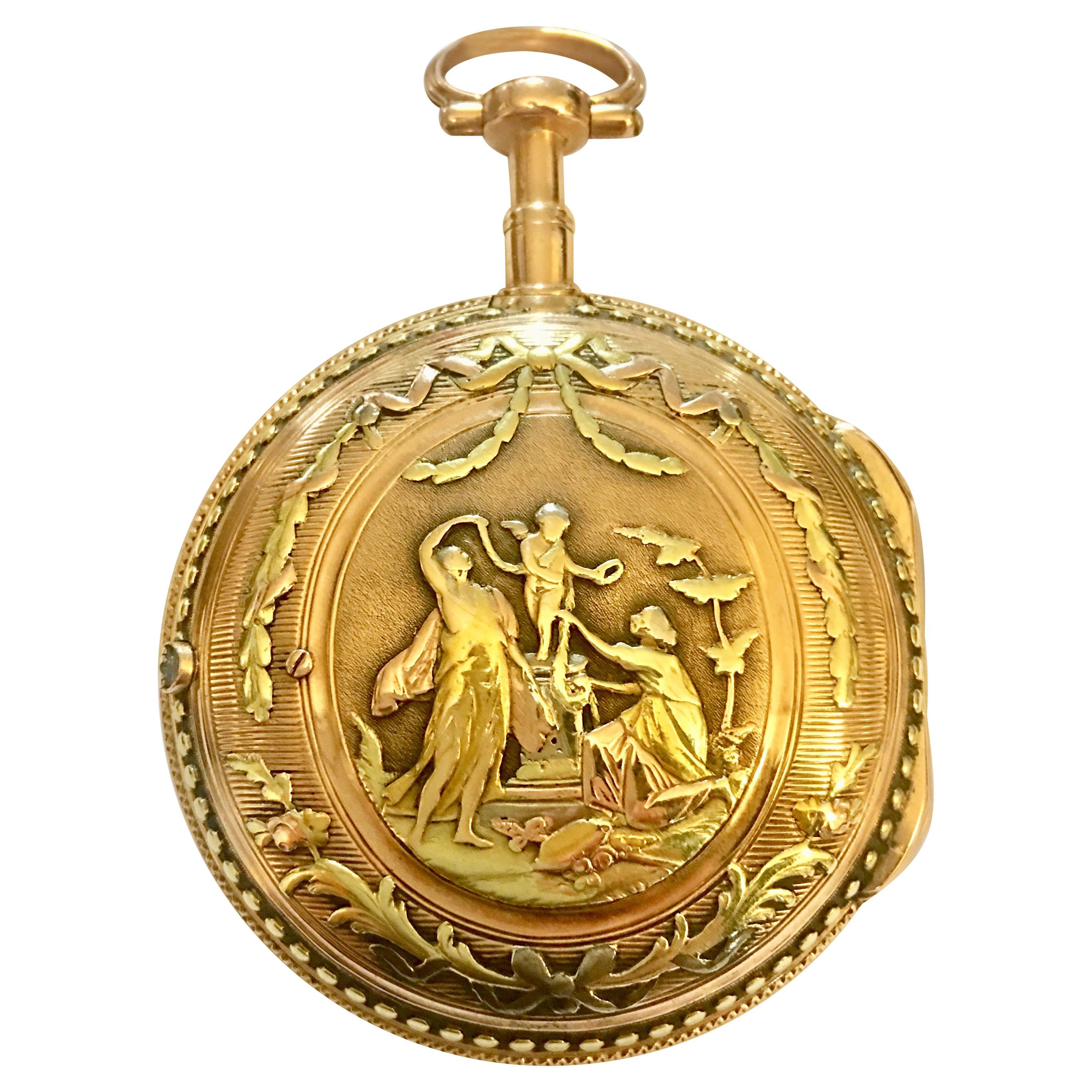 Rare & Early Verge Fusee 18 Karat Tri-Color Gold Pocket Watch by Mallet a Paris For Sale
