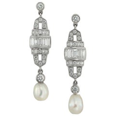 Retro Pair of Art Deco Style Pearl and Diamond Drop Earrings