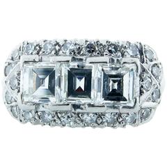  Exquisite Art Deco Three Stone Emerald Cut Diamond Platinum Ring