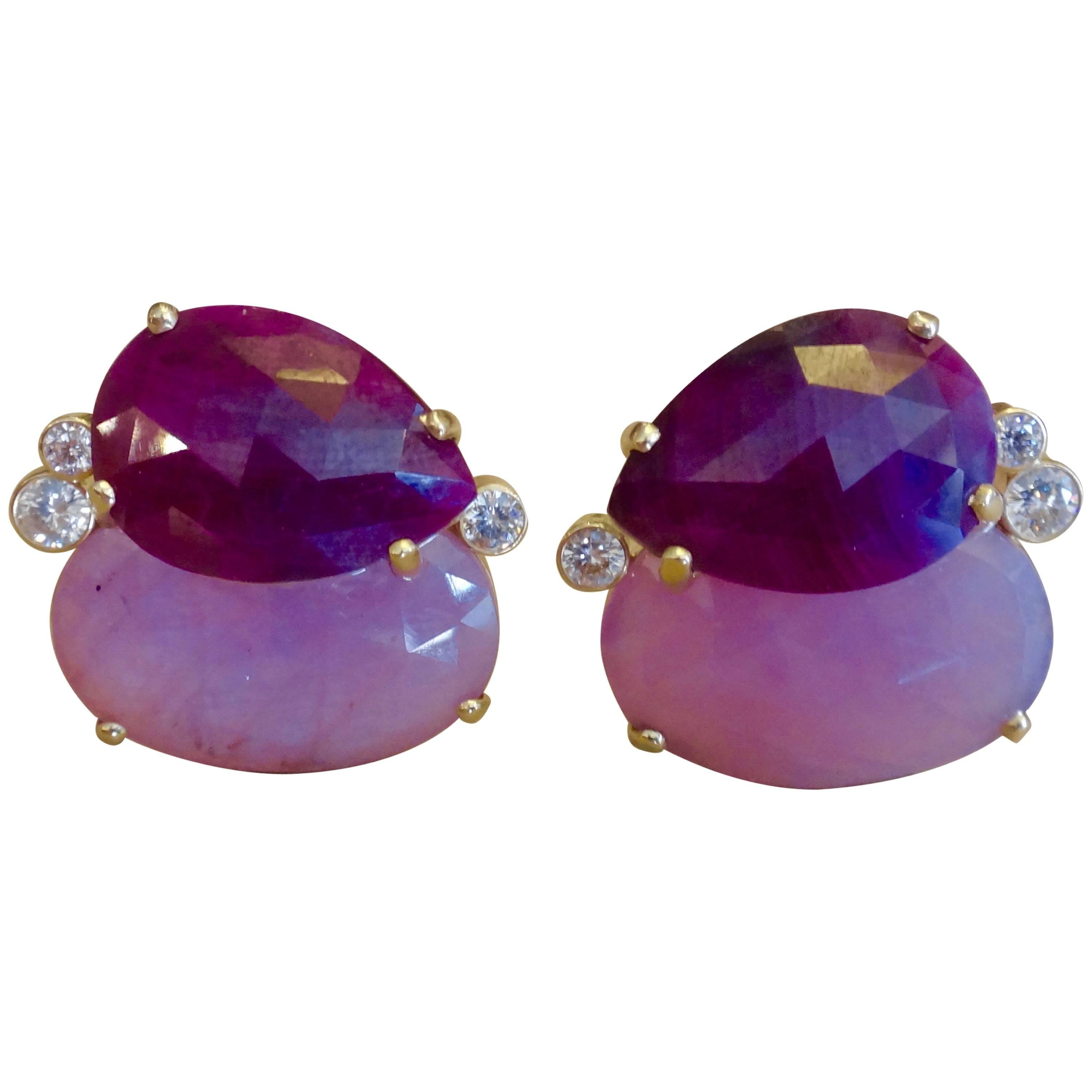 Ruby Pink Sapphire Diamond Gold Button Earrings