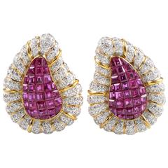 Vintage Ruby Diamond Gold Teardrop Earrings