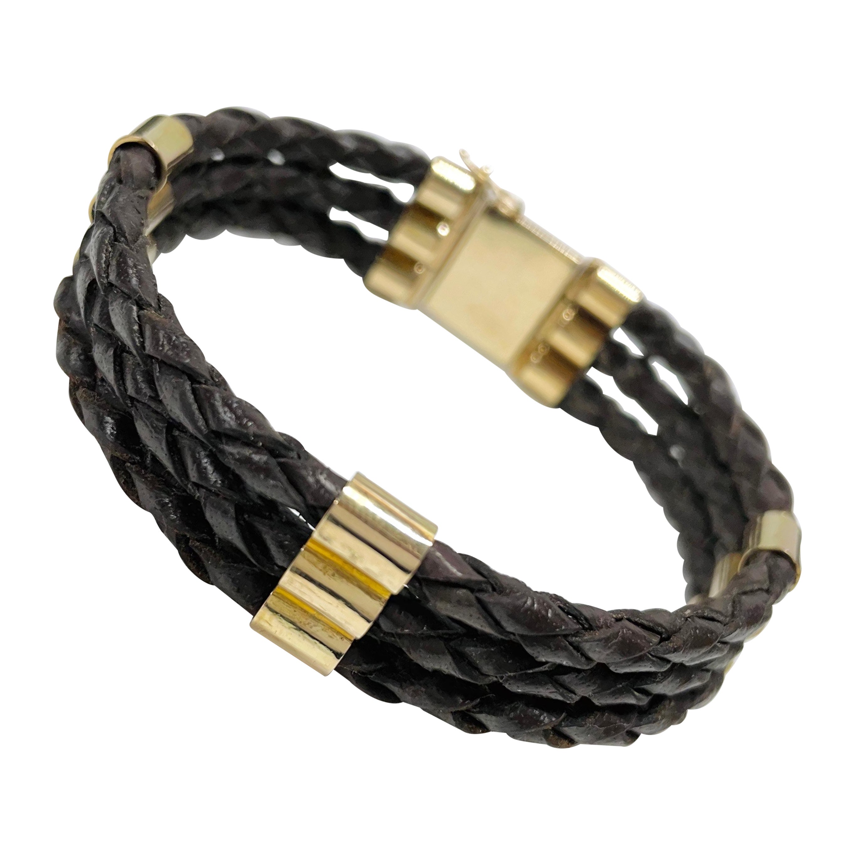 Yellow Gold Braided Leather Bracelet