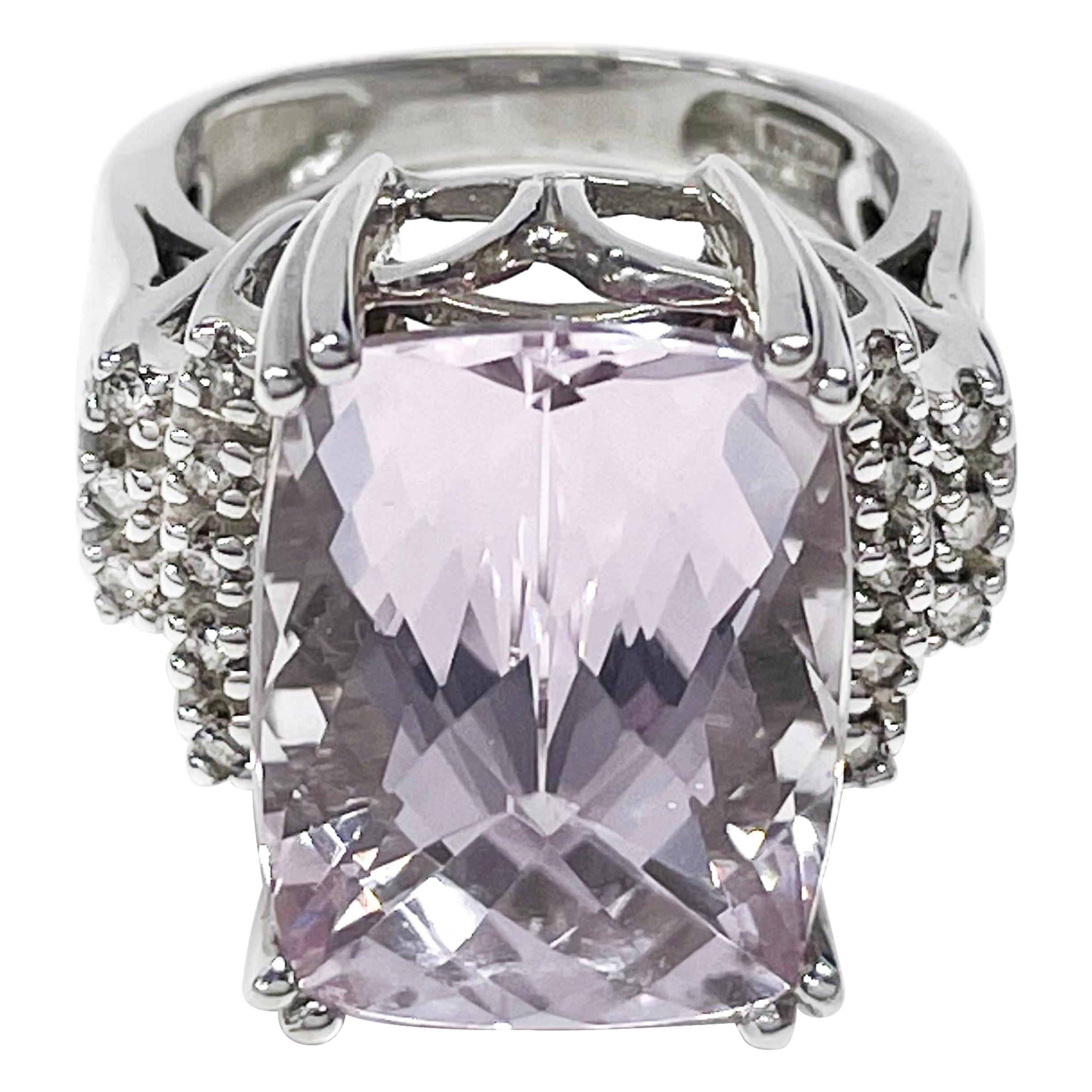 Anillo Cóctel Oro Blanco Diamante Kunzita