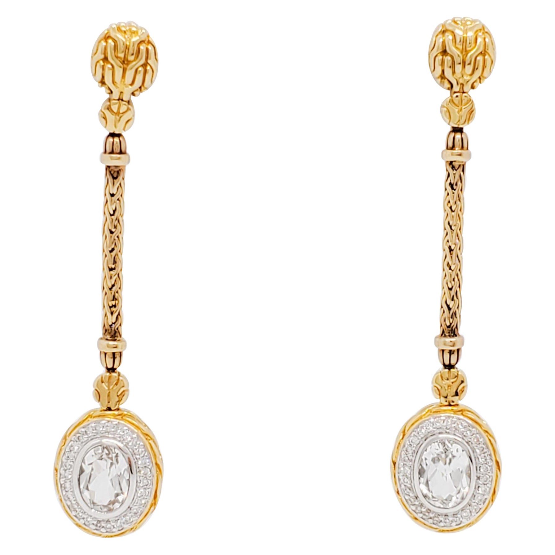 White Topaz and Diamond Dangle Earrings in 18k Yellow Gold For Sale