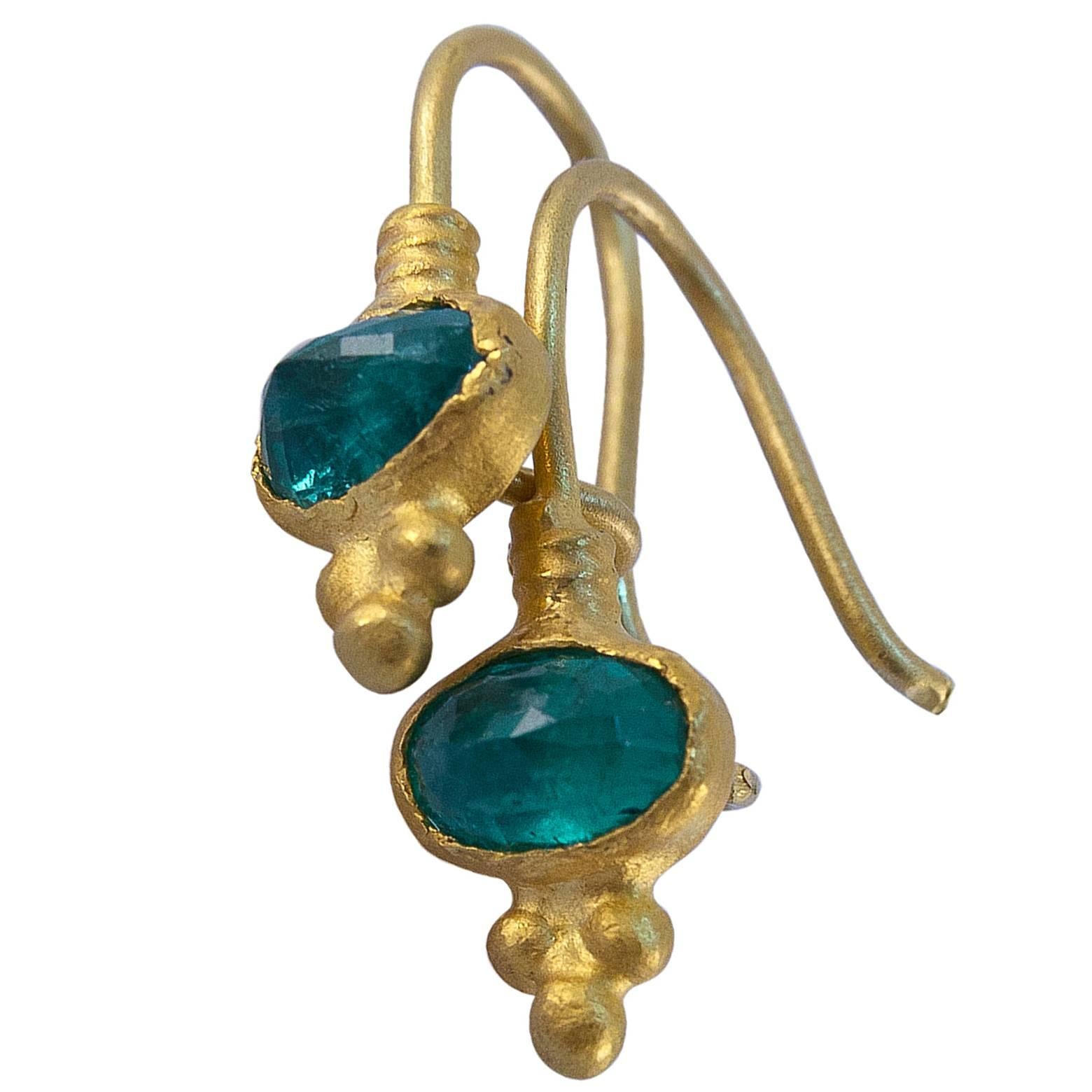 Cabochon Emerald Satin Gold Earrings
