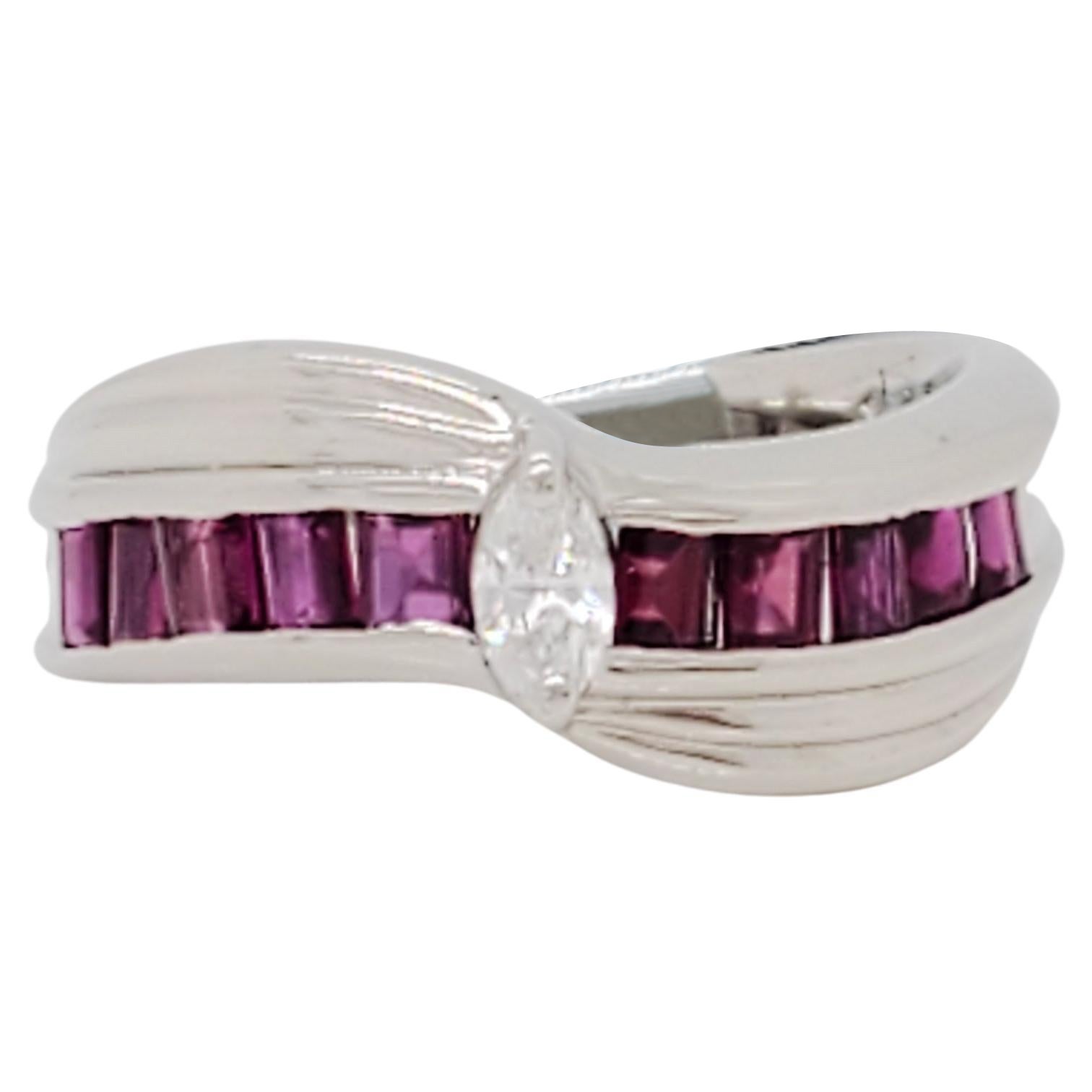 White Diamond Marquise and Ruby Baguette Ring in Platinum For Sale