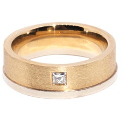 Two Tone 9 Carat Gold Hammer Set Princess Cut Diamond Satin Finish Mens Band