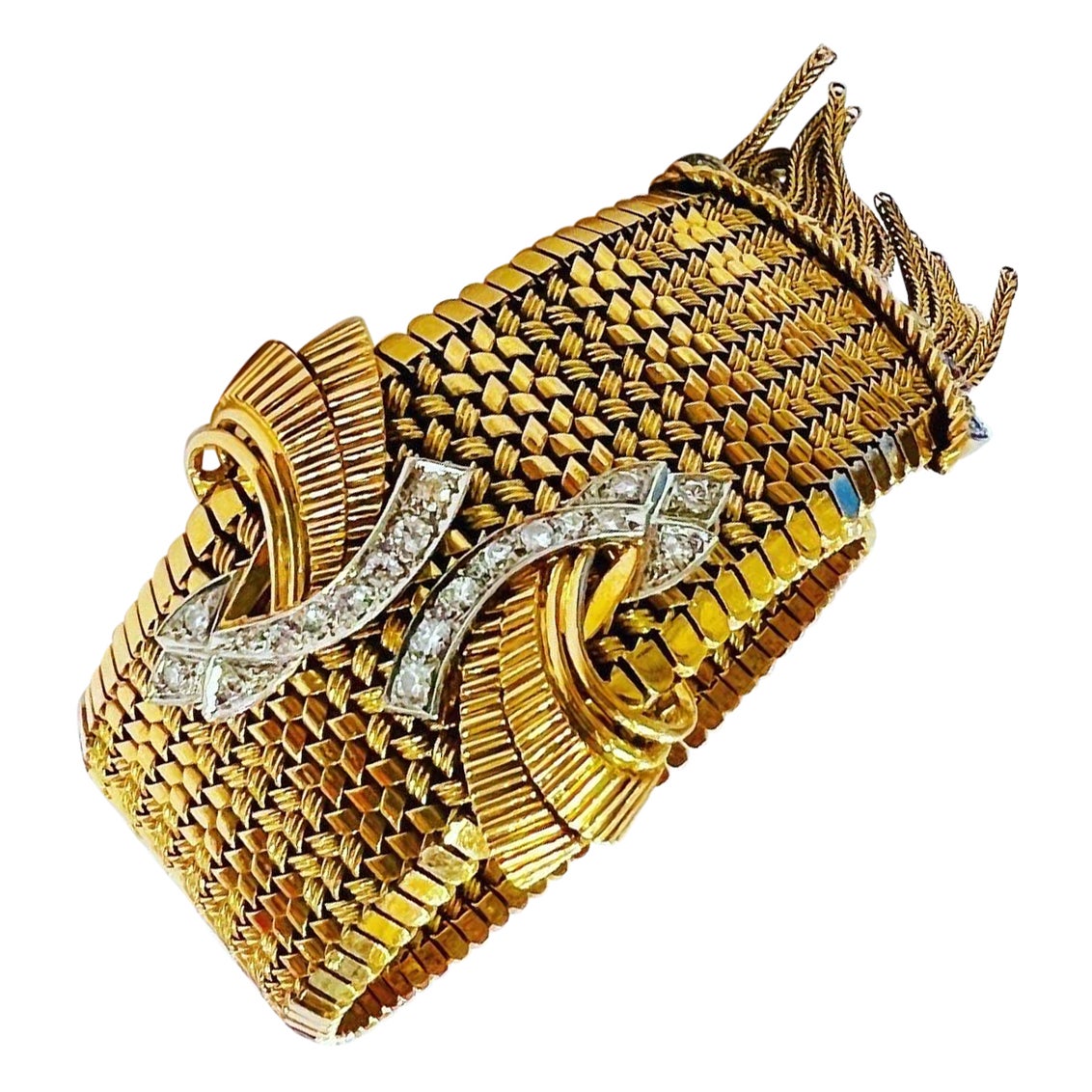 1940er  Verstellbares Retro-Armband mit Diamanten, 18 Karat Gelbgold Platin Mesh