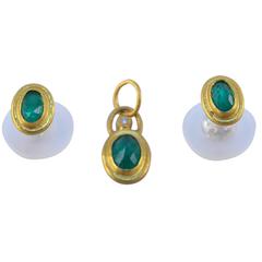 Emerald Diamond Gold Stud Earrings and Charm Pendant 