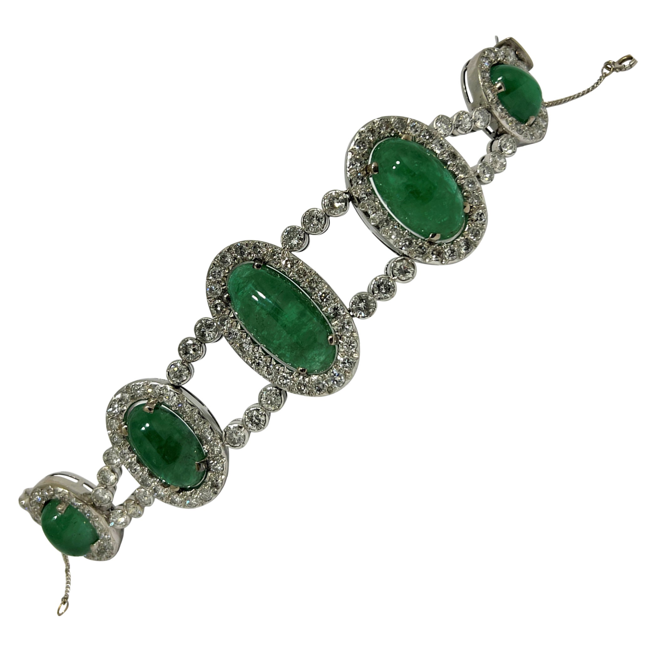 60's Colombian Cabouchon 70ct Emerald Bracelet in 18k Gold and Diamonds