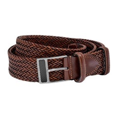 T-Buckle Belt in Woven Brown Leather & Brushed Titanium Clasp, Size M