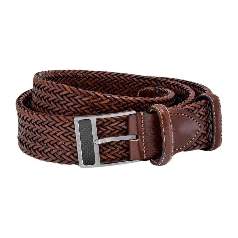 T-Buckle Belt in Woven Brown Leather & Brushed Titanium Clasp, Size L For Sale
