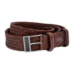T-Buckle Belt in Woven Brown Leather & Brushed Titanium Clasp, Size L
