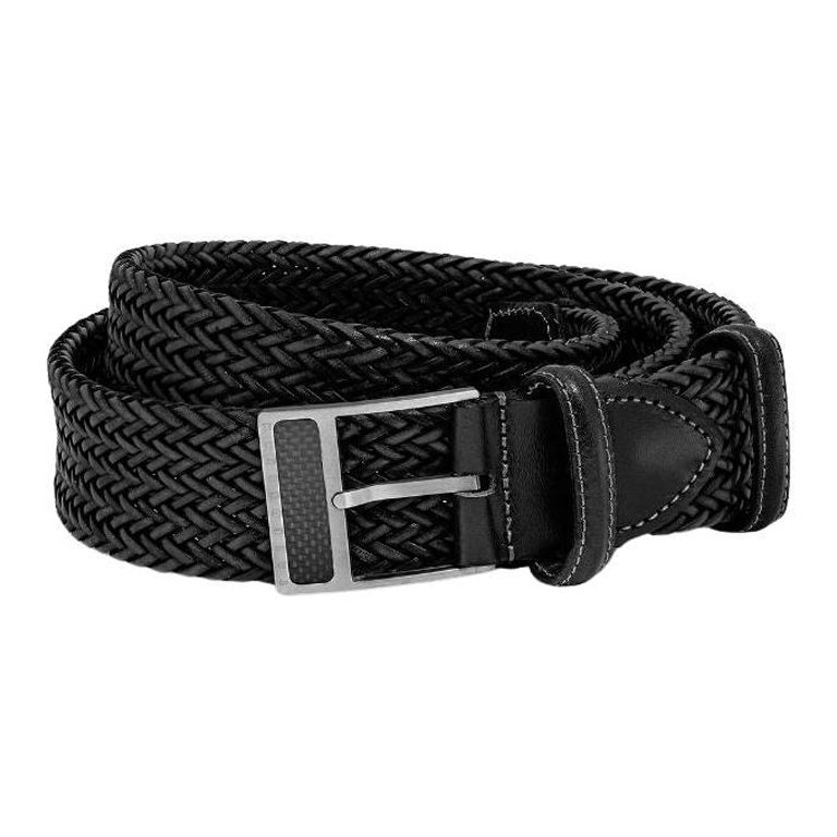 T-Buckle Belt in Woven Black Leather & Brushed Titanium Clasp, Size M