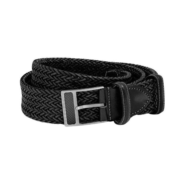T-Buckle Belt in Woven Black Leather & Brushed Titanium Clasp, Size L For Sale