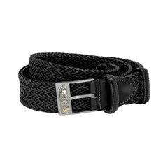 Gear Buckle Belt in Woven Black Leather & Brushed Titanium Clasp, Size M