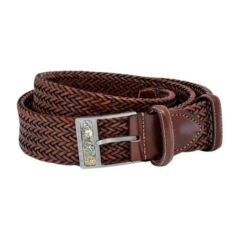 Gear Buckle Belt in Woven Brown Leather & Brushed Titanium Clasp, Size M For Sale