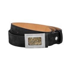 Large Gear Buckle Belt in Black Leather & Brushed Titanium Clasp, Size L