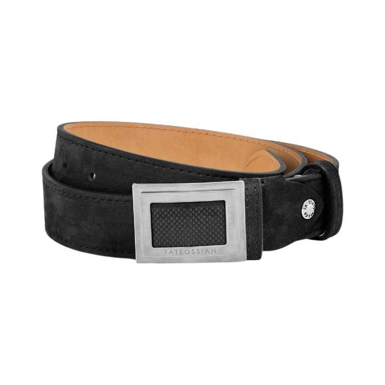 Large Buckle Belt in Black Leather & Brushed Titanium Clasp, Size M For Sale