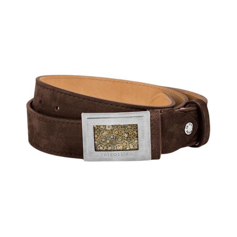 Large Gear Buckle Belt in Brown Leather & Brushed Titanium Clasp, Size M For Sale