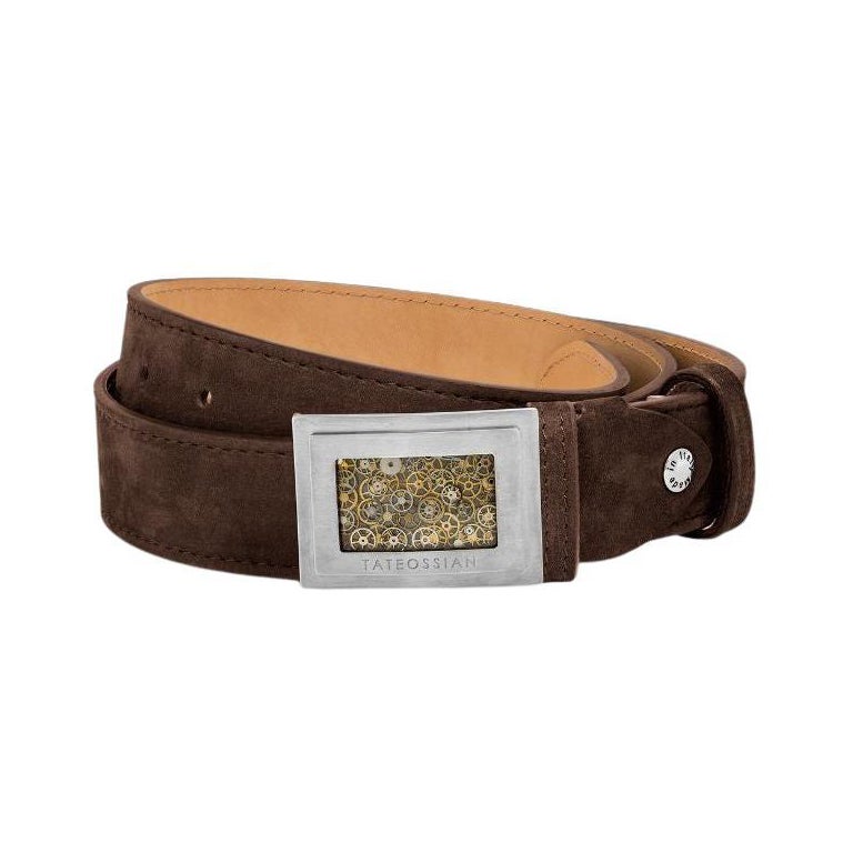 Large Gear Buckle Belt in Brown Leather & Brushed Titanium Clasp, Size L For Sale