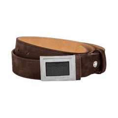 Large Buckle Belt in Brown Leather & Brushed Titanium Clasp, Size M