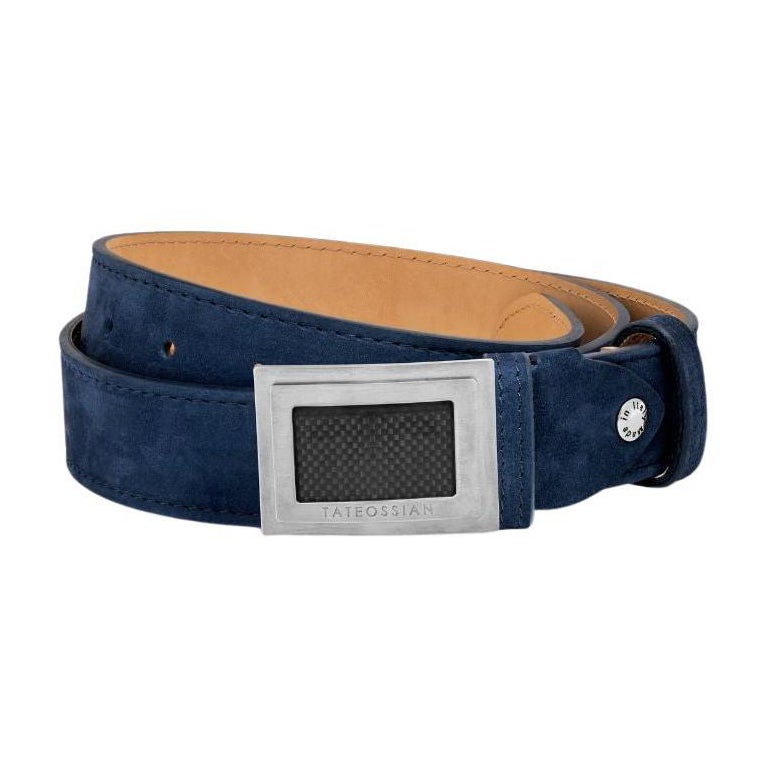 Großer Gürtel mit Schnalle aus marineblauem Leder und gebürstetem Titanverschluss, Größe M im Angebot
