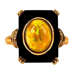 Art Deco Style 2.12 Carat White Diamond Opal Onyx Yellow Gold Cocktail Ring