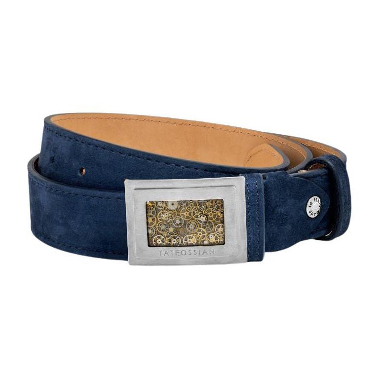Large Gear Buckle Belt in Navy Leather & Brushed Titanium Clasp, Size M For Sale