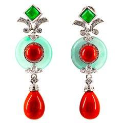 Mediterranean Red Coral 0.60 Carat White Diamond Jade White Gold Drop Earrings