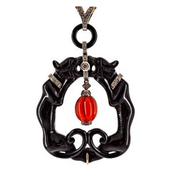 Modern White Diamond Mediterranean Red Coral Onyx White Gold "Panthers" Necklace