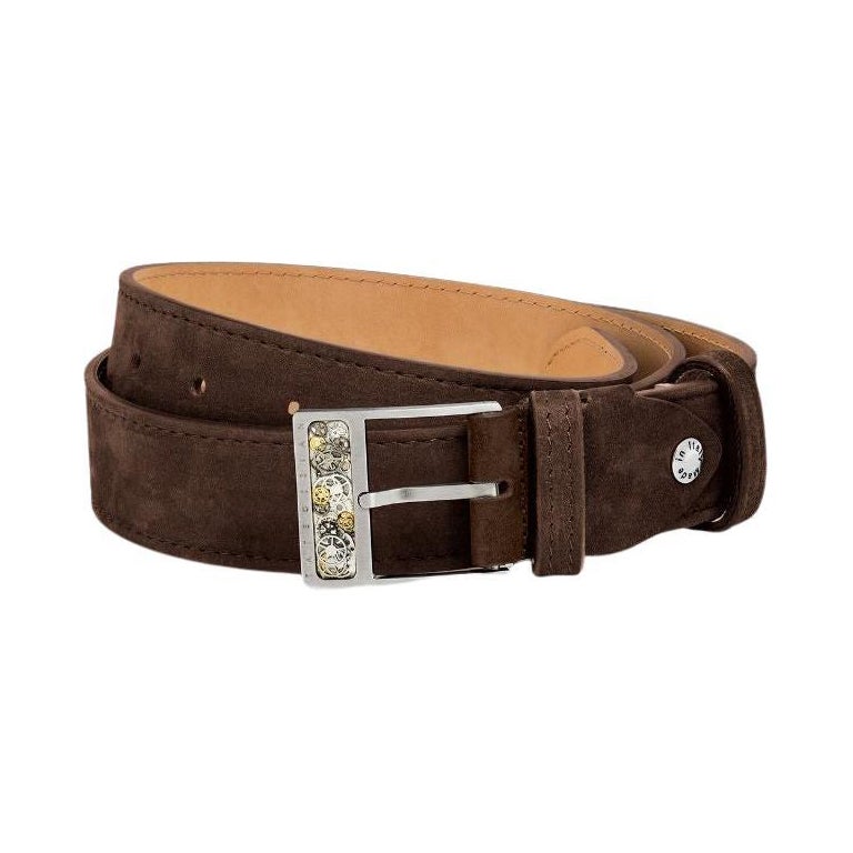 Gear T-Buckle Belt in Brown Leather & Brushed Titanium Clasp, Size M For Sale