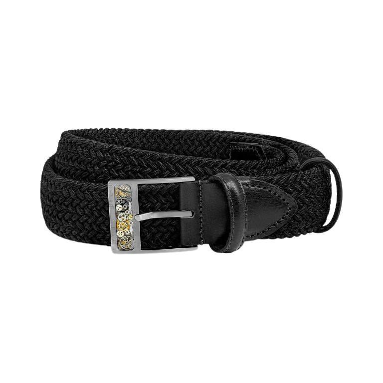 Gear T-Buckle Belt in Black Rayon and Leather & Brushed Titanium Clasp, Size M For Sale
