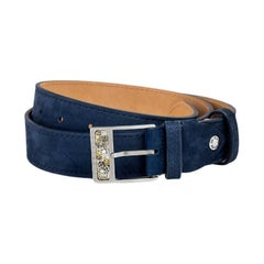 Gear T-Buckle Belt in Navy Leather & Brushed Titanium Clasp, Size M